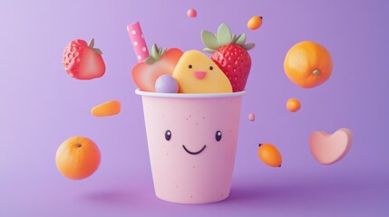 Wall Mural - A cheerful cup filled with colorful fruits and a cute character, set against a purple background.