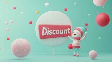 Sticker - A cheerful character promotes a discount with colorful spheres in a playful setting.