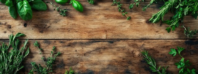 A wooden table with rustic texture and fresh herbs scattered around. wood background for food banner