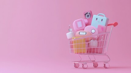 Wall Mural - A pink shopping cart filled with cute, colorful items against a pink background.