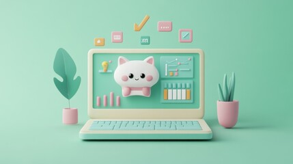 Canvas Print - A cute, stylized laptop with a cat figure and colorful graphs, representing productivity tools.