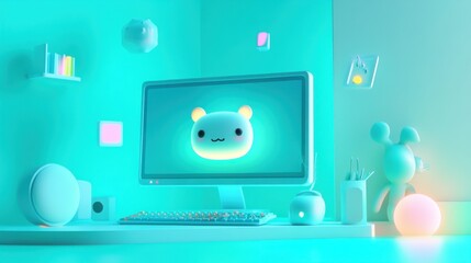 Canvas Print - A colorful workspace featuring a cute character on a computer screen and playful decor.