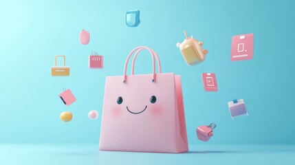 Wall Mural - A cute pink shopping bag surrounded by colorful, playful shopping-related items.