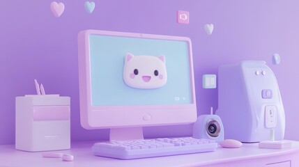 Wall Mural - A pastel-themed workspace with a cute cat-themed computer and accessories.