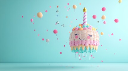 Canvas Print - A whimsical cake with pastel colors, balloons, and confetti, perfect for celebrations.