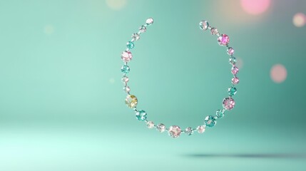 Sticker - A floating necklace adorned with colorful gems against a soft, blurred background.