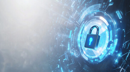 Poster - Glowing digital padlock in a futuristic technological circle symbolizes a secure data protection system