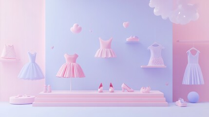 Poster - A pastel-themed display of dresses and shoes in a playful setting.