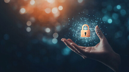 Poster - Female executive holding a digital padlock, symbolizing cybersecurity and data security