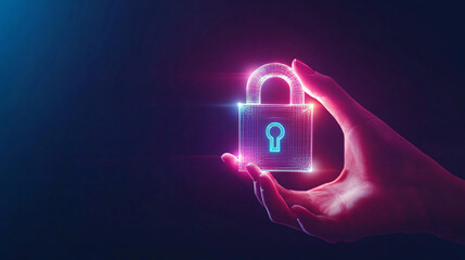 Poster - Female executive is holding a shining padlock, representing data security and cybersecurity in the modern era