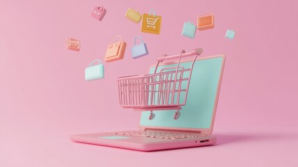 Wall Mural - A pink laptop with a shopping cart and icons, symbolizing online shopping and e-commerce.