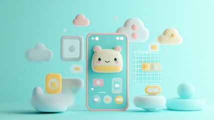 Wall Mural - A cute, pastel-themed smartphone interface with playful elements and soft clouds.