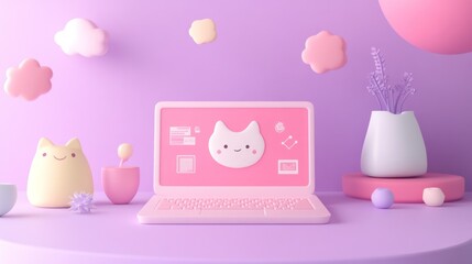 Poster - A cute, pastel-themed workspace featuring a laptop and playful decor.