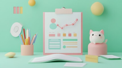 Wall Mural - A colorful workspace featuring charts, stationery, and a cute figurine for productivity.