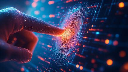 Poster - Hand activates a futuristic holographic fingerprint scanner, creating a bright light for biometric security access