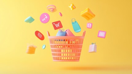 Canvas Print - A colorful shopping basket with various shopping-related icons floating above it.