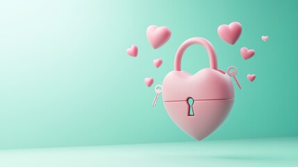 Poster - A pink heart-shaped padlock with floating hearts and keys, symbolizing love and security.