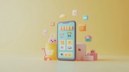 Sticker - A colorful smartphone displaying shopping icons and a cart, symbolizing online shopping.