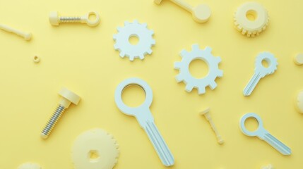 Canvas Print - A flat lay of yellow tools and gears on a yellow background, suggesting creativity and design.