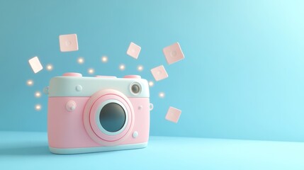 Sticker - A playful, pastel-colored camera with floating photo squares, suggesting photography fun.