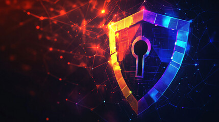 Poster - Glowing shield with keyhole surrounded by network, indicating cybersecurity and data protection