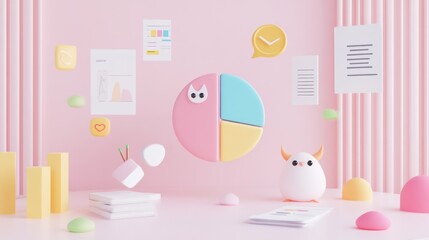 Canvas Print - A colorful, playful workspace with charts and cute characters, symbolizing creativity and productivity.