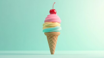 Poster - A colorful ice cream cone topped with a cherry against a soft pastel background.