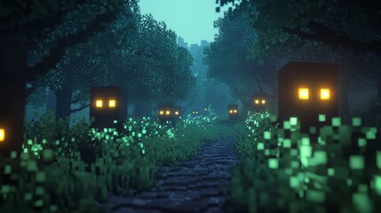 Wall Mural - Pixelated Creatures: Mysterious 3D Cube Forest with Glowing Eyes