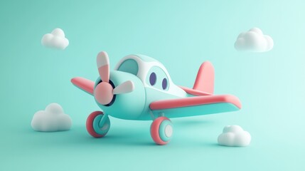 Wall Mural - A cute, stylized airplane with pastel colors and clouds in a playful environment.