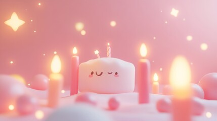 Poster - A cute, pastel-themed birthday scene featuring a smiling cake with candles and glowing lights.