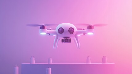 Wall Mural - A white drone hovering in a colorful gradient background, showcasing its camera features.