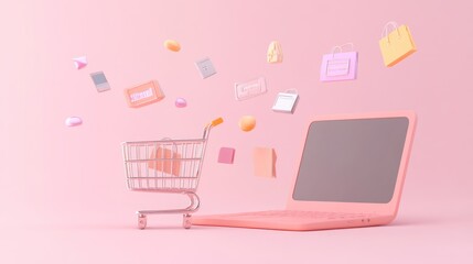 Sticker - A pink-themed digital shopping scene with a cart and laptop, symbolizing online retail.