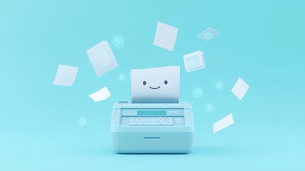 Canvas Print - A cheerful printer with papers flying around, symbolizing productivity and creativity.