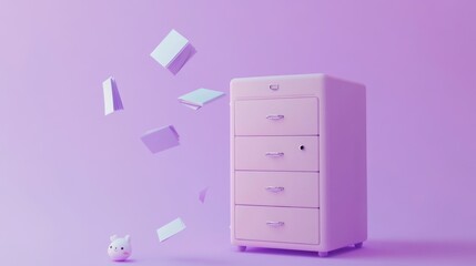 Canvas Print - A pastel pink drawer unit with floating books and a small pig figurine.