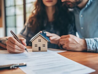 Couple examining real estate documents with a miniature house model on the table, symbolizing home ownership and investment.