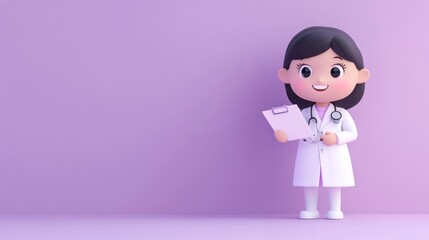 Wall Mural - A cheerful cartoon doctor holding a clipboard against a purple background.