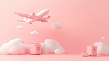 Poster - A whimsical travel scene featuring an airplane, luggage, and clouds against a pink backdrop.