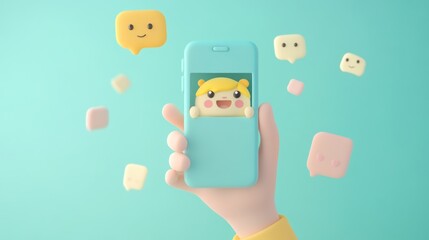 Wall Mural - A hand holds a phone displaying a cheerful character with chat bubbles around.