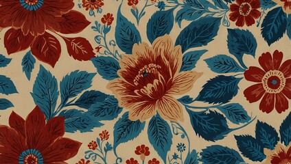 Wall Mural - Red and blue flower pattern on beige