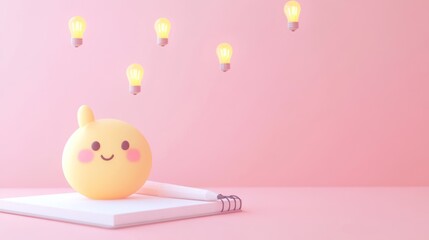 Sticker - A cheerful yellow character with a smiling face sits on a notebook with light bulbs above.