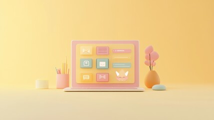 Poster - A pastel-themed laptop displaying colorful icons, surrounded by decorative items.