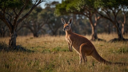 Wall Mural - Red kangaroo standing tall in the grasslands