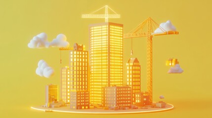 Wall Mural - A vibrant construction scene featuring buildings, cranes, and clouds against a yellow backdrop.