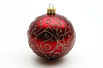 Wall Mural - elegant red christmas ornament with intricate golden filigree pattern soft reflection festive sparkle against pure white background