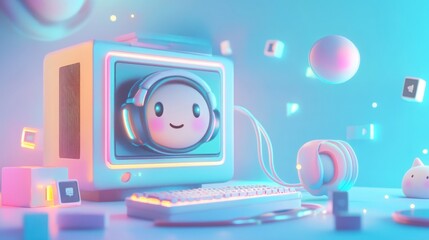 Sticker - A whimsical computer scene featuring a cheerful character, headset, and colorful elements.