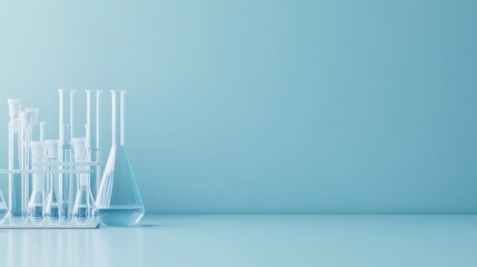 Wall Mural - clear test tubes and flasks filled with liquid are arranged on a table in a laboratory with a calmin