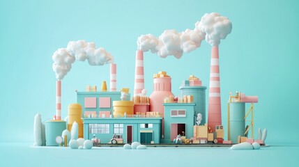 Wall Mural - A colorful factory scene with smokestacks and storage tanks, illustrating industrial activity.