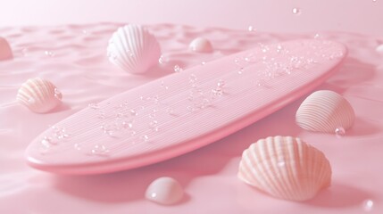 Poster - A pink surfboard surrounded by seashells in a tranquil, watery setting.