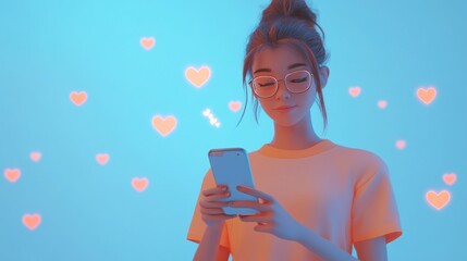 Wall Mural - A young woman with glasses smiles at her phone, surrounded by floating heart icons.