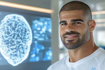 Serious man with shaved head standing next to a holographic brain projection symbolizing scientific discovery intelligence and the future of neuroscience in a tech driven environment